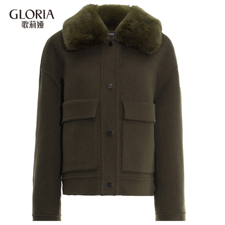 预售GLORIA/歌莉娅2018冬可拆毛领短款双面呢外套18NE6E9X0商品大图