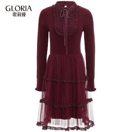 GLORIA/歌莉娅2018年冬季毛织拼接波点网布连衣裙18NR5K260商品大图