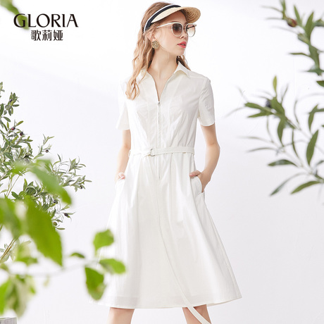GLORIA/歌莉娅女装2018夏季衬衫领收腰连衣裙186K4BB1A商品大图