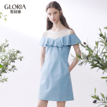 GLORIA/歌莉娅女装拼雪纺牛仔荷叶边连衣裙183C4B13A图片