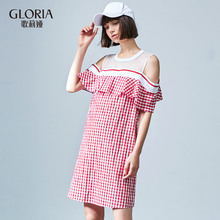 GLORIA/歌莉娅网纱拼接全棉格纹露肩连衣裙185P4A29A图片