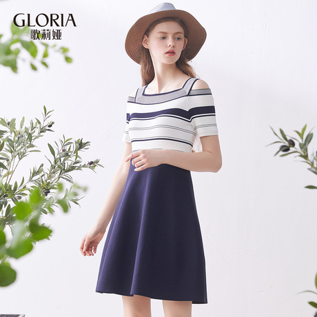 GLORIA/歌莉娅女装2018夏季间条露肩毛织连衣裙183C5K09A商品大图