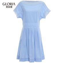 GLORIA/歌莉娅女装2018夏季一字领拼花边连衣裙185K4B9PD图片
