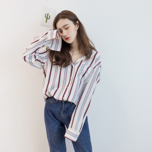 chic早秋上衣条纹雪纺衬衣