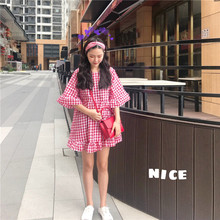 甜美可爱小清新宽松中长款 连衣裙中裙女裙子 格子短袖 韩版 夏季新款