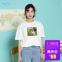 阁楼花开chic潮牌宽松短袖印花卡通圆领t恤女 学生纯棉上衣图片