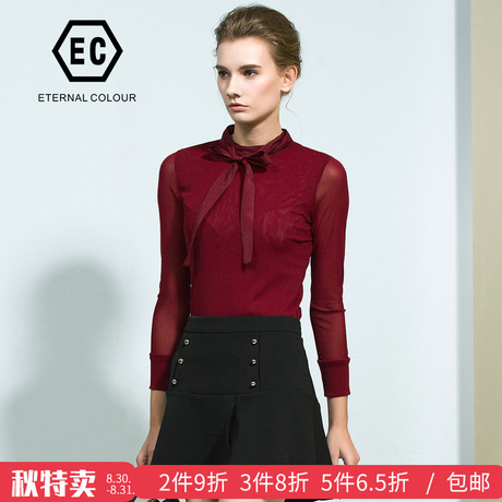 永恒颜色2018秋装新款纯色系带简约长袖小衫上衣J496S295商品大图