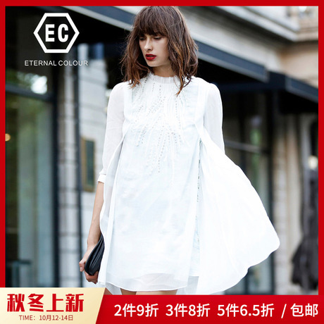 永恒颜色2018秋装新款印花钉珠假两件连衣裙J308L559商品大图