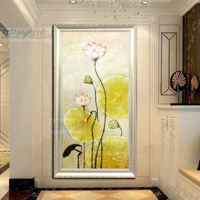 玄关装饰画东南亚油画抽象手绘中式荷花走廊过道挂画泰式风格壁画