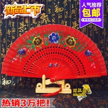 双面西班牙咏春团体舞蹈扇子走秀跳舞女扇大红木质礼品折扇纯手绘