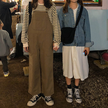 秋冬韩版宽松条纹套头长袖卫衣女+高腰休闲背带裤长裤减龄套装