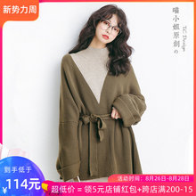 复古V领系带收腰毛衣开衫女春chic宽松慵懒风针织衫外套ins超火的