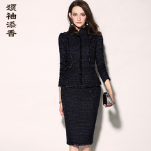 颈袖添香2018秋冬新款欧美时尚气质职业装套装裙女装女士毛呢套裙图片