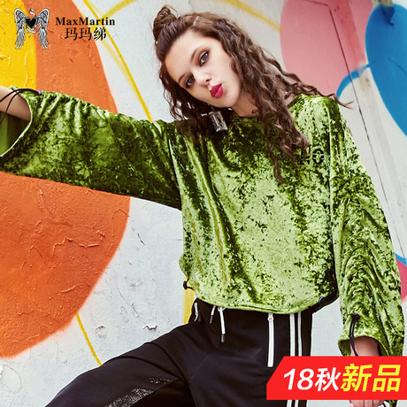 玛玛绨2018秋季新款时尚个性潮牌超火上衣巨袖宽松短款绿色t恤女商品大图