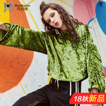 玛玛绨2018秋季新款时尚个性潮牌超火上衣巨袖宽松短款绿色t恤女图片