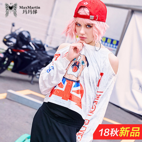 玛玛绨2018秋装新款性感露肩小心机上衣潮宽松韩版长袖个性t恤女商品大图