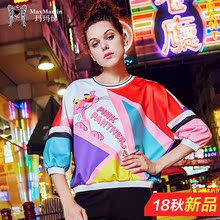 玛玛绨2018秋装新款欧美休闲宽松上衣七分袖粉红豹卡通印花t恤女图片