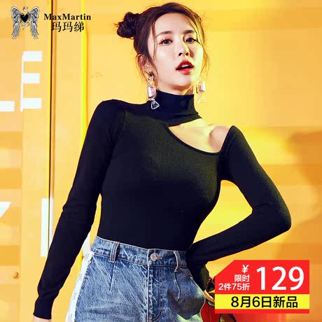 玛玛绨2018秋装新款小心机性感漏肩毛衣显瘦高领黑色紧身针织衫女商品大图