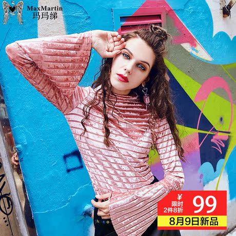 玛玛绨2018秋装新款丝绒条纹半高领喇叭袖上衣港味修身T恤女长袖商品大图