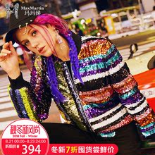 玛玛绨2018秋冬新款欧美时尚亮片羽绒服条纹棒球修身潮牌短外套女图片