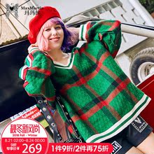 玛玛绨2018秋冬新款绿色格子毛衣中长款时尚个性v领宽松外套女潮图片