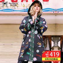 玛玛绨2018新款潮牌外衣女春秋时尚印花宽松中长款黑色开衫外套图片