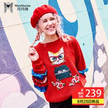 玛玛绨红色毛衣女2018秋装新款卡通印花圆领薄款港风复古针织外套图片