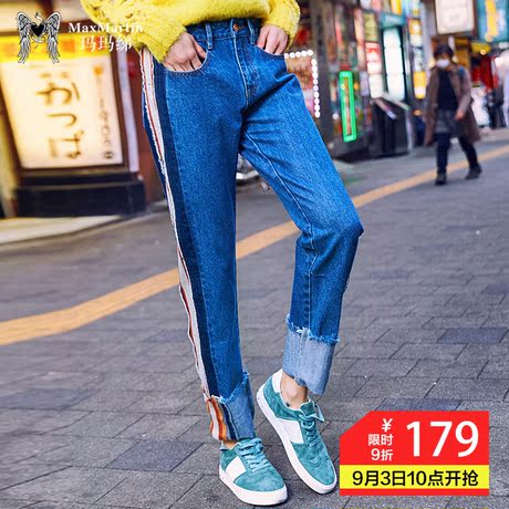 玛玛绨牛仔裤女宽松秋装2018新款韩版侧条纹学生bf百搭高腰长裤潮商品大图
