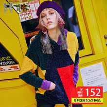 玛玛绨秋装2018新款卫衣针织衫女连帽韩版宽松拼色长袖毛衣外套潮图片