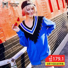 玛玛绨秋冬2018新款蓝色不规则卫衣女潮韩版宽松针织v领欧美外套图片