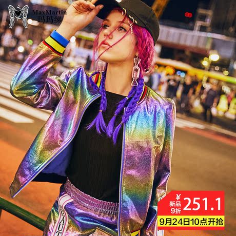 玛玛绨亮面外套女秋冬2018新款欧美嘻哈炫彩潮牌宽松港风棒球夹克商品大图