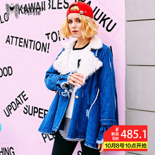 玛玛绨2018冬装新款加绒牛仔外套女大毛领棉服喇叭袖下摆宽松棉衣图片