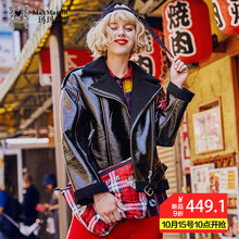 玛玛绨2018秋冬新款欧美卡通个性拼接皮衣女宽松休闲短款机车外套图片