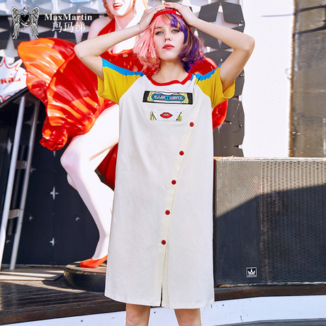 玛玛绨2018夏装新款撞色印花ins超火裙子中长款宽松小清新连衣裙商品大图