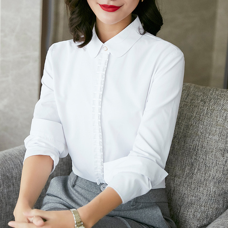 雀后2018新款花边圆领衬衫女长袖气质上衣打底衫职场上班面试衬衣商品大图