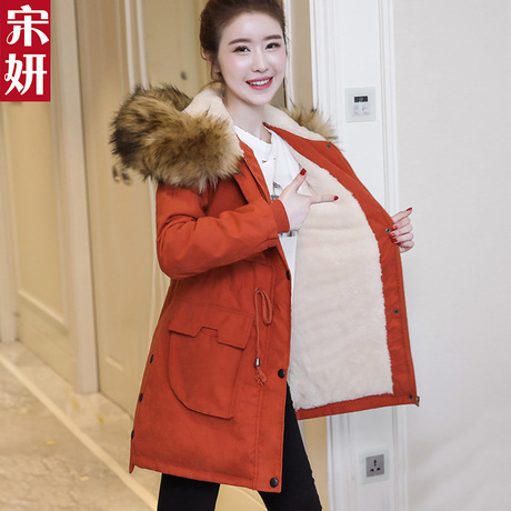 2017冬季新款韩版中长款加厚棉衣外套女装加绒大毛领连帽修身棉服商品大图
