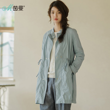 茵曼旗舰店2018冬装新款双排扣宽松中长款薄款立领风衣女春秋外套图片
