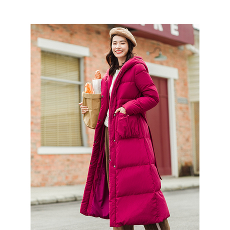 茵曼旗舰店连帽系带显瘦修身长款过膝羽绒服2018冬装新款加长外套商品大图