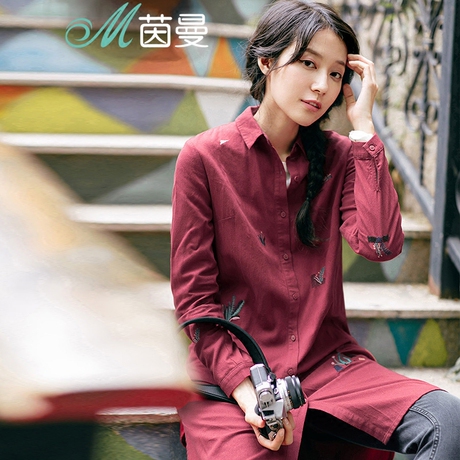 茵曼旗舰店衬衫2018秋季新款小清新绣花纯棉中长款白衬衫女装衬衣商品大图