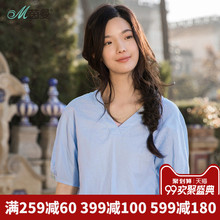 茵曼旗舰店衬衫2018夏装前短后长V领宽松棉麻绣花五分袖衬衣套头图片
