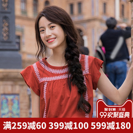 茵曼旗舰店短袖T恤女上衣2018夏装新款圆领绣花飞飞袖宽松娃娃衫商品大图