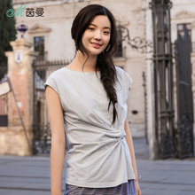 茵曼旗舰店条纹短袖t恤夏装2018新款圆领收褶个性显瘦半截袖上衣图片