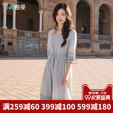 茵曼旗舰店连衣裙夏装2018新款纯棉印花方领七分袖抽绳宽松中长裙商品大图