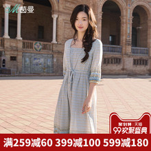 茵曼旗舰店连衣裙夏装2018新款纯棉印花方领七分袖抽绳宽松中长裙图片