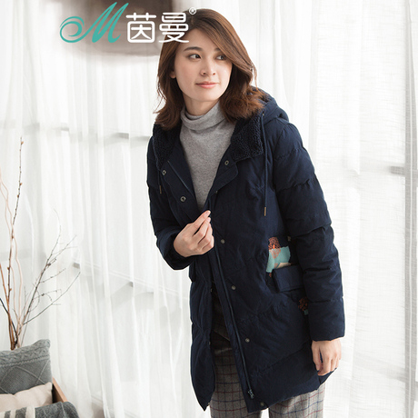 茵曼旗舰店女装2017冬装新款文艺印花中长款连帽加厚羽绒服外套商品大图