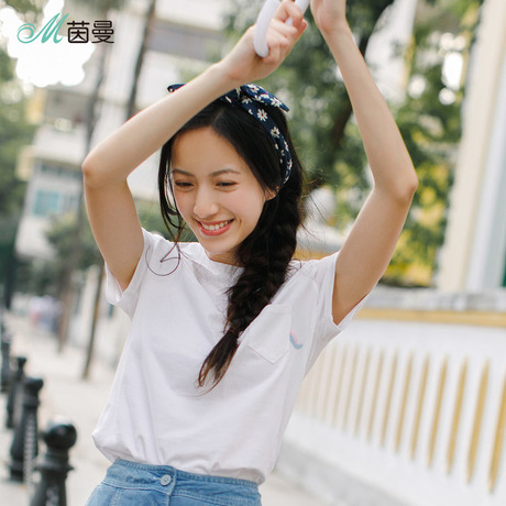 茵曼旗舰店绣花短袖T恤夏装2018新款圆领宽松半截袖韩版ins上衣潮商品大图