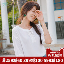 茵曼旗舰店雪纺衫2018夏装系带圆领落肩中袖宽松百搭套头衬衫衬衣图片