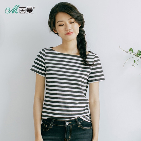 【拍下7折】茵曼短袖条纹T恤女装2018夏季新款纯棉打底衫女体恤衫商品大图