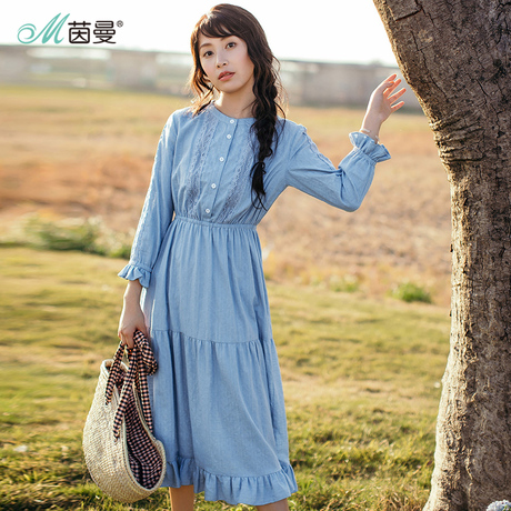 茵曼旗舰店2018夏装新款文艺小清新纯棉荷叶边连衣裙女打底中长裙商品大图