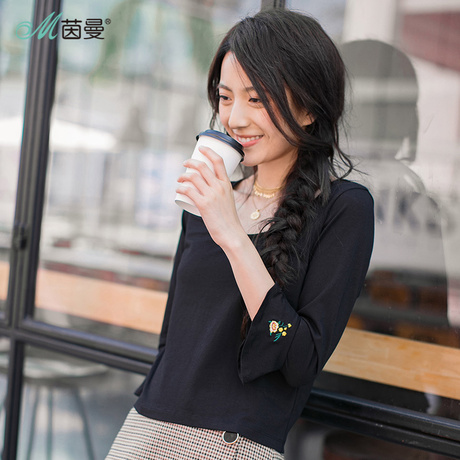 茵曼旗舰店喇叭袖上衣女长袖2018秋装新款修身显瘦T恤圆领打底衫商品大图